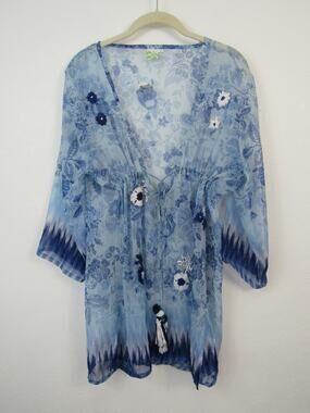 NWT Castaways Large Blue Semi Sheer Floral Embroidered Beaded Swim Suit Cover Up